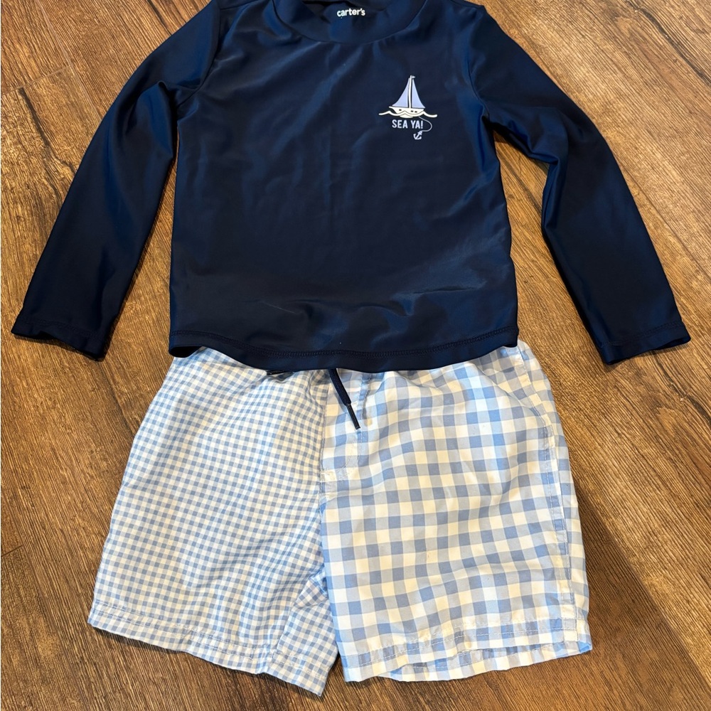 3/$20 Carter's Dark Blue Rash Guard with Checkered Shorts